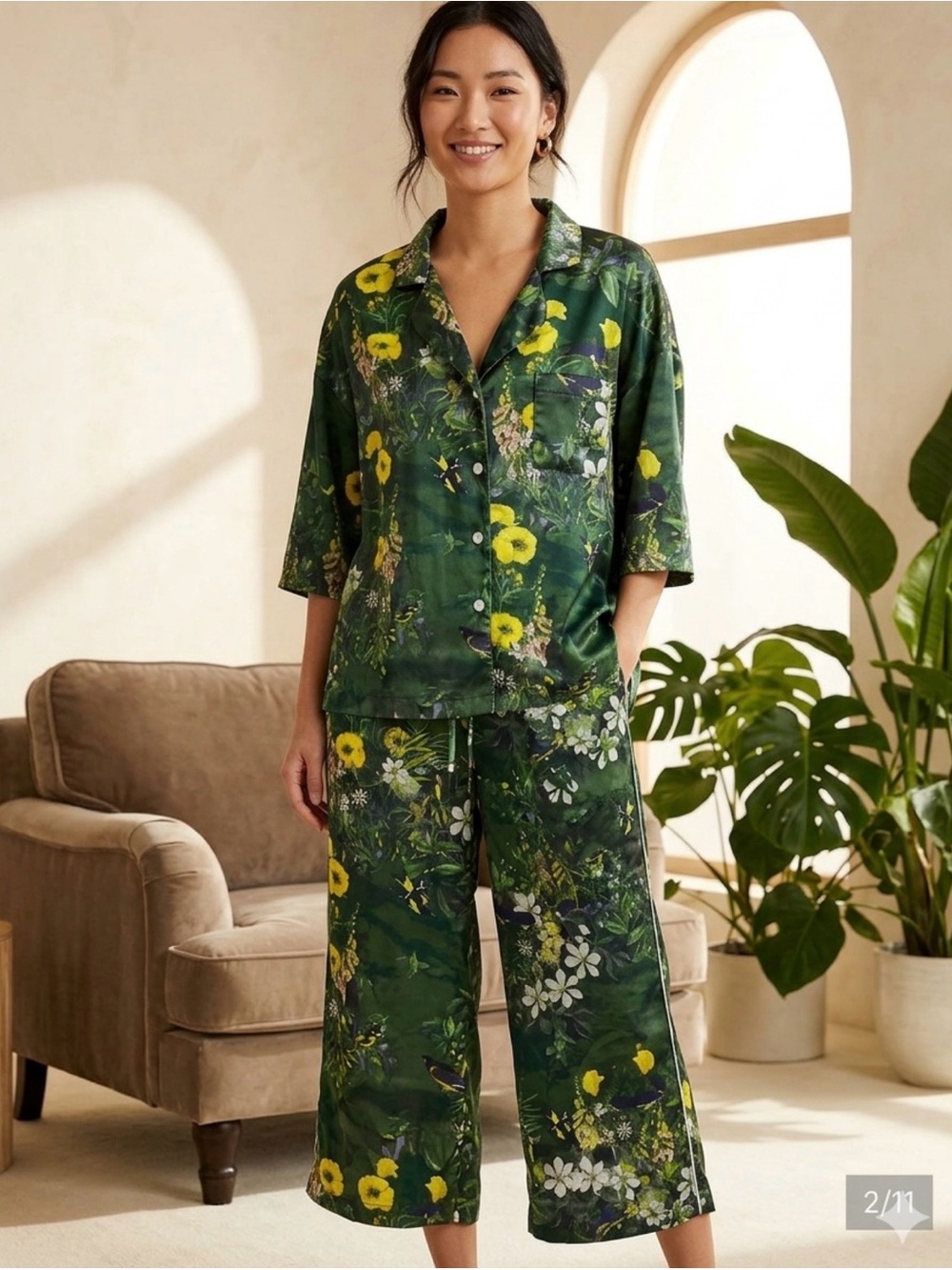 Ted Baker London Flourish Pajama Set‎ Women's Size L Silky Green 2 piece
